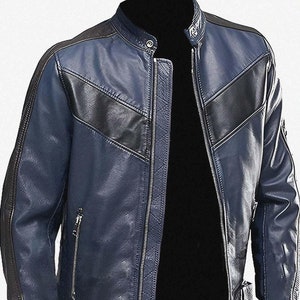 Blouson moto vintage en cuir véritable bleu marine Classic Cafe Racer pour hommes