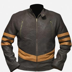 X Men Wolverine Gestreifte Lederjacke für Wolverine Logan-fans, Dunkelbraun