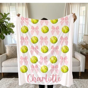 Softball and Bows Blanket, Gift for Softball Player, Team Gift, Personalized Blanket, Softball Team Gift, Custom Softball