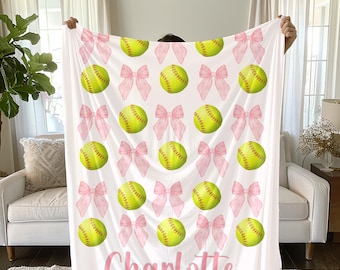 Softball and Bows Velveteen Blanket, Personalized Team Gift