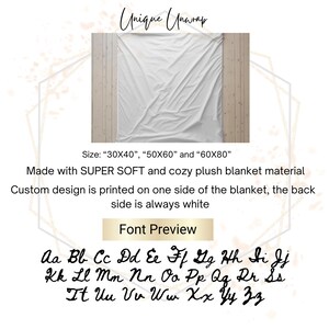 May include: White plush blanket with the text "Unique Unwrap" and font preview. The blanket is available in three sizes: 30x40 inches, 50x60 inches, and 60x80 inches. The custom design is printed on one side.