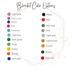 May include: A color chart for blankets, featuring a variety of color options. The text "Blanket Color Options" is at the top. Colors include light pink, purple, pink, turquoise, light blue, dark green, green, yellow, orange, and dark blue.