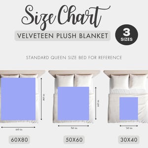 May include: Size chart for a Velveteen Plush Blanket, showing three sizes: 60x80 inches, 50x60 inches, and 30x40 inches. The chart includes a standard queen-size bed for reference. The text "Size Chart" is at the top.