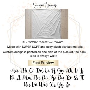 May include: A white plush blanket with the text "Unique Unwrap" and size options of 30x40, 50x60, and 60x80 inches. The blanket is made of super soft material, with custom designs printed on one side. A font preview is also included.