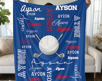 Golf Ball and Clubs Velveteen Plush Blanket | Personalized Name Pattern