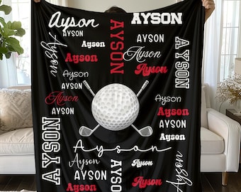 Golf Ball and Clubs Velveteen Plush Blanket | Personalized Name Pattern