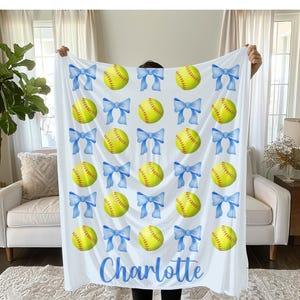 Softball and Bows Blanket, Gift for Softball Player, Team Gift, Personalized Blanket, Softball Team Gift, Custom Softball