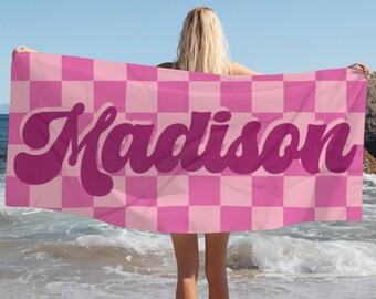 Personalized Retro Checkered Beach Towel: Custom Name Pool Towel