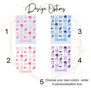 May include: Four design options for a personalized hockey-themed item. Each design features hockey equipment like helmets, sticks, and gloves, with the name "Charlotte" below. The designs are in pink, blue, and purple color schemes.