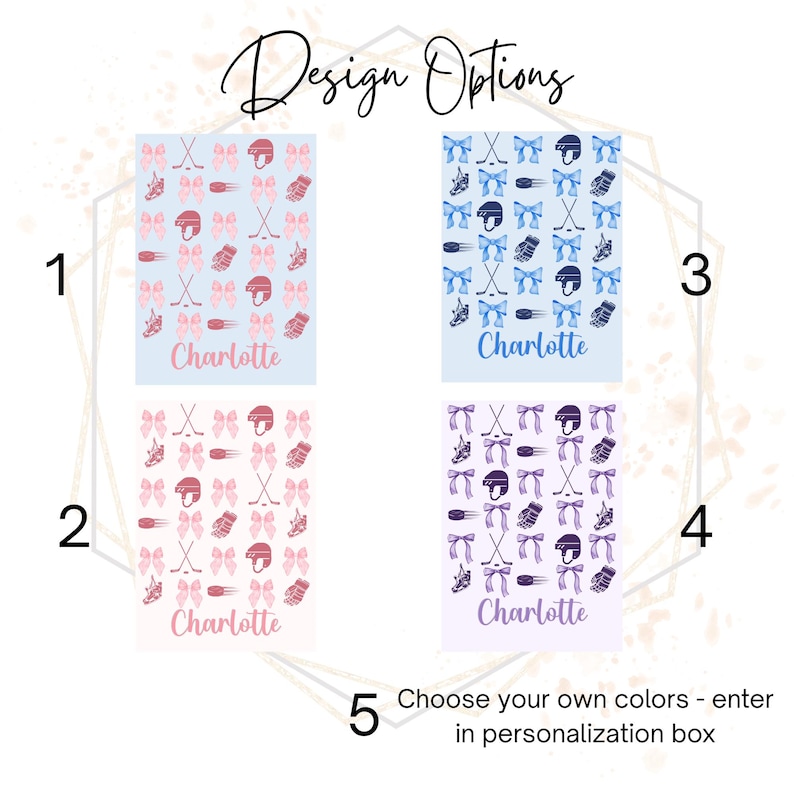 May include: Four design options for a personalized hockey-themed item. Each design features hockey equipment like helmets, sticks, and gloves, with the name "Charlotte" below. The designs are in pink, blue, and purple color schemes.