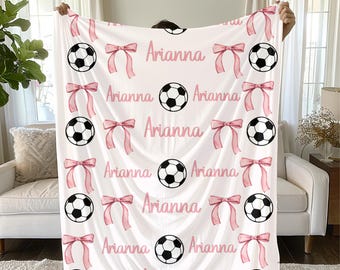Personalized Soccer and Bows Plush Blanket: Girls Sports Throw