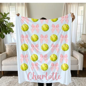 Softball and Bows Blanket, Gift for Softball Player, Team Gift, Personalized Blanket, Softball Team Gift, Custom Softball