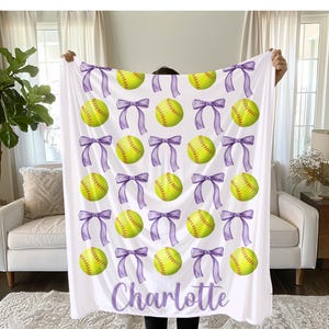 Softball and Bows Blanket, Gift for Softball Player, Team Gift, Personalized Blanket, Softball Team Gift, Custom Softball