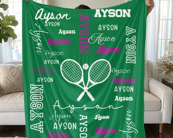 Tennis Name Blanket Velveteen Plush Blanket | Personalized Sports Throw