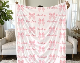 Pink Bow Pattern Velveteen Plush Blanket | Custom Name Script