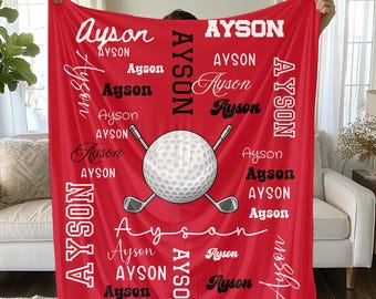 Golf Ball and Clubs Velveteen Plush Blanket | Personalized Name Pattern