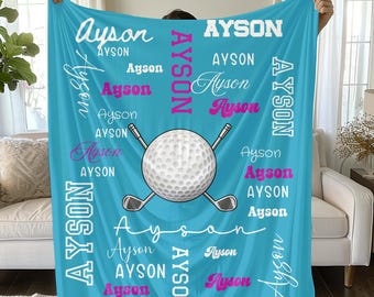 Golf Ball and Clubs Velveteen Plush Blanket | Personalized Name Pattern