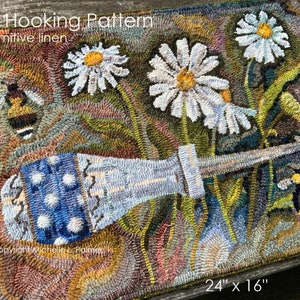 May include: Rug hooking pattern for a floral design with daisies, bees, and a blue and white vase. The pattern is 24 inches by 16 inches and is designed to be hooked on primitive linen. Copyright Michelle L. Palmer.