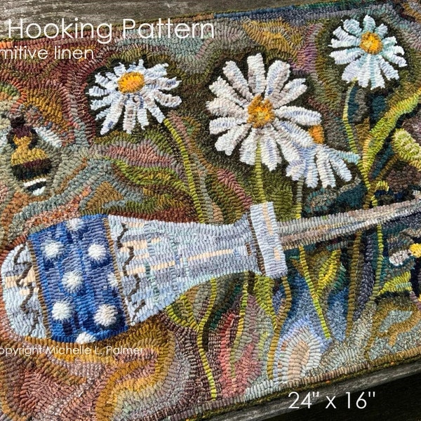 PATTERN for RUG HOOKING hand drawn 100% prim Primitive linen Michelle Palmer Daisy Patch Hook Flowers Polka Dots Blue White Tool Collection