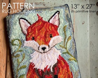 PATTERN RUG HOOKING Pattern is hand drawn on 100% prim linen Michelle Palmer Red Fox in the Forest Mushroom perch Green Ferns #8 cut wool