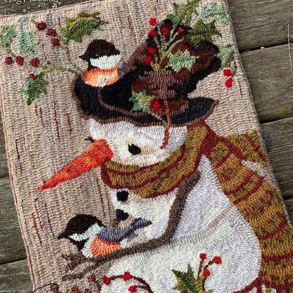 PATTERN RUG HOOKING Pattern is hand drawn on 100% prim linen Michelle Palmer Chickadee Perch Snowman Winter Christmas Birds Top Hat Holly