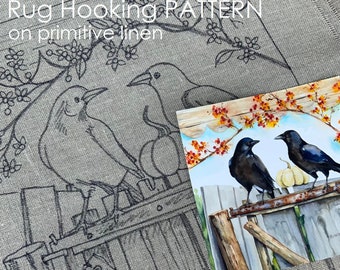 PATTERN for RUG HOOKING hand drawn 100% prim Primitive linen Michelle Palmer Fall Harvest Bittersweet Perch Crows Birds Fence White Pumpkin
