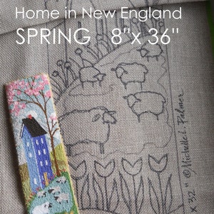 Hand drawn PATTERN 100% primitive linen RUG HOOK Hooking Michelle Palmer Home in New England Landscape 2 of 4 Spring Sheep Pink Tree Tulips