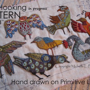 PATTERN for RUG HOOKING hand drawn 100% prim Primitive linen Michelle Palmer Fraktur Flock Birds Fowl Chick German Pennsylvania Patriotic