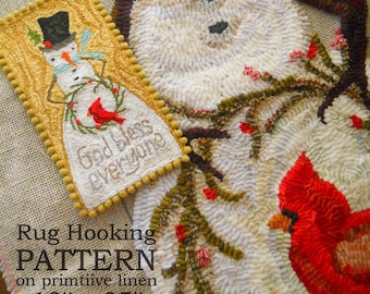 Dickens style Snowman Cardinal RUG HOOK Hooking PATTERN Hand drawn on 100% prim linen Michelle Palmer Christmas Wreath God Bless us Everyone