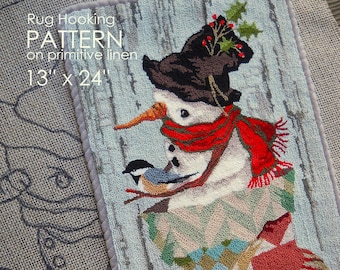 PATTERN RUG HOOKING Pattern is hand drawn on 100% prim linen Michelle Palmer Quilted Wintertide Snowman Chickadee Christmas Stocking Winter