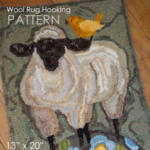 May include: Wool rug hooking pattern featuring a white sheep with a black head and a yellow bird perched on its back. The sheep is standing on a bed of blue flowers with green leaves. The pattern is 13 inches by 20 inches and has a primitive linen backing. "Wool Rug Hooking PATTERN 13" x 20" Primitive Linen Backing Copyright Michelle L. Palmer"