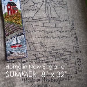 May include: Embroidered artwork with a New England theme. The artwork features a red house with an American flag, sunflowers, and a sailboat. The text "SUMMER" is visible. The dimensions are 8 inches by 32 inches.