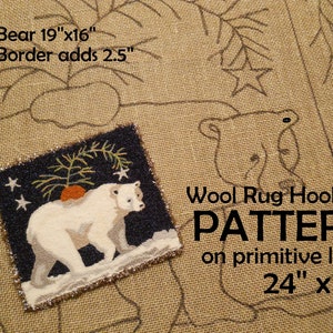 Polar Bear Pine RUG HOOK Hooking PATTERN Hand drawn on 100% prim linen Michelle Palmer Winter Christmas Artic Animal Folk Primitive Stars