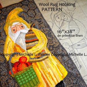 Prim Folk Vintage Santa Claus RUG HOOK Hooking PATTERN Hand drawn on 100% prim linen Michelle Palmer Orchard Apple Basket Bee Skep Gold Coat