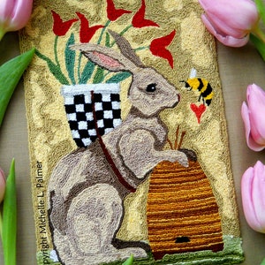 Punch Needle DIGITAL Download Jpeg and PDF PATTERN Embroidery floss model Michelle Palmer Rabbit's Tulip Delivery Bunny Hare Bee Hive Skep