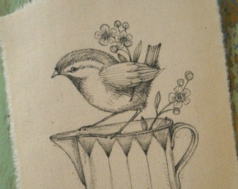 Michelle Palmer Fine Art Ink Illustration on Tea-Stained Cotton Wren Songbird Bird Creamer cup scallop top Flax seed blossoms flowers perch
