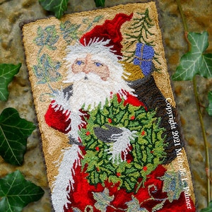 Punch Needle DIGITAL Download Jpeg and PDF PATTERN Embroidery floss model Michelle Palmer Red Christmas Santa Claus Holly and the Ivy Wreath