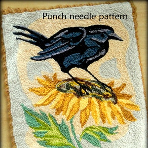 Punch Needle DIGITAL Download Jpeg and PDF PATTERN Embroidery floss model Michelle Palmer Crow Black Bird Perched Sunflower Farm Harvest
