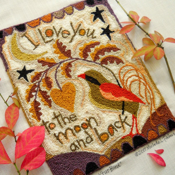 Love you to the moon Fraktur Bird Prim Folk Heart Punch Needle Embroidery DIGITAL Jpeg and PDF PATTERN Michelle Palmer Painting w/Threads
