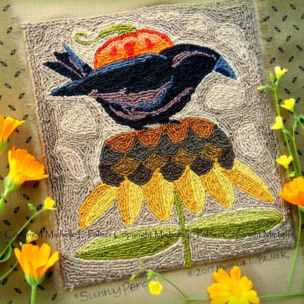 Sunny Perch Crow Sunflower Jack O Lantern Pumpkin Punch Needle Embroidery DIGITAL Jpeg and PDF PATTERN Michelle Palmer Painting w/Threads