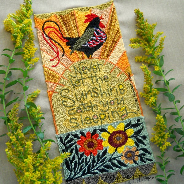 Rooster Rising Morning Sunshine Folk Prim Floral Sun Punch Needle Embroidery DIGITAL Jpeg and PDF PATTERN Michelle Palmer Painting w/Threads