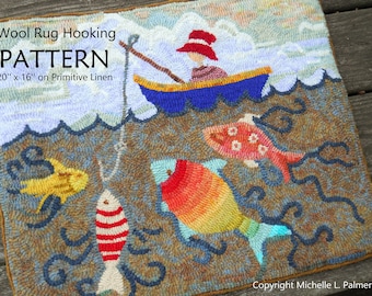 Prim Wool RUG HOOK Hooking PATTERN Hand drawn 100% primitive linen Michelle Palmer Cooper's Fishing Boat Erie Canal Rainbow Fish Salmon Sun