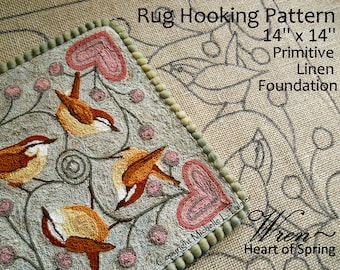 Hand drawn PATTERN on 100% primitive linen RUG HOOK Hooking Michelle Palmer Wren Hearts Valentine Spring Birds Non-directional Mat Love