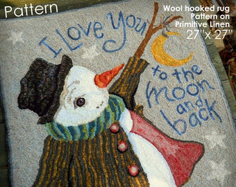 Prim Wool RUG HOOK Hooking PATTERN Hand drawn 100% primitive linen Michelle Palmer Snowman love you to the moon back Starry Sky Stripe coat