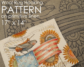 PATTERN for RUG HOOKING hand drawn on 100% prim Primitive linen Michelle Palmer Stars Stripes Sun Patch Sunflower Blackbird Hook Collection