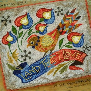 Punch Needle DIGITAL Download Jpeg and PDF PATTERN Embroidery floss model Michelle Palmer Fraktur Collection Patriotic America Folk Bird usa