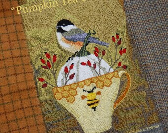 Punch Needle Embroidery Pattern DIGITAL Instant DOWNLOAD Jpeg PDF files Michelle Palmer #5 Pumpkin Tea Cup Chickadee Bird Rosehips Bee Fall