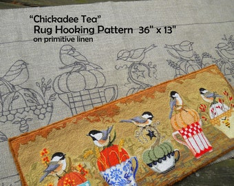 Chickadee Harvest Tea RUG HOOK Hooking PATTERN Hand drawn on 100% prim linen Michelle Palmer Fall Autumn Pumpkin Teacups Songbird Perch