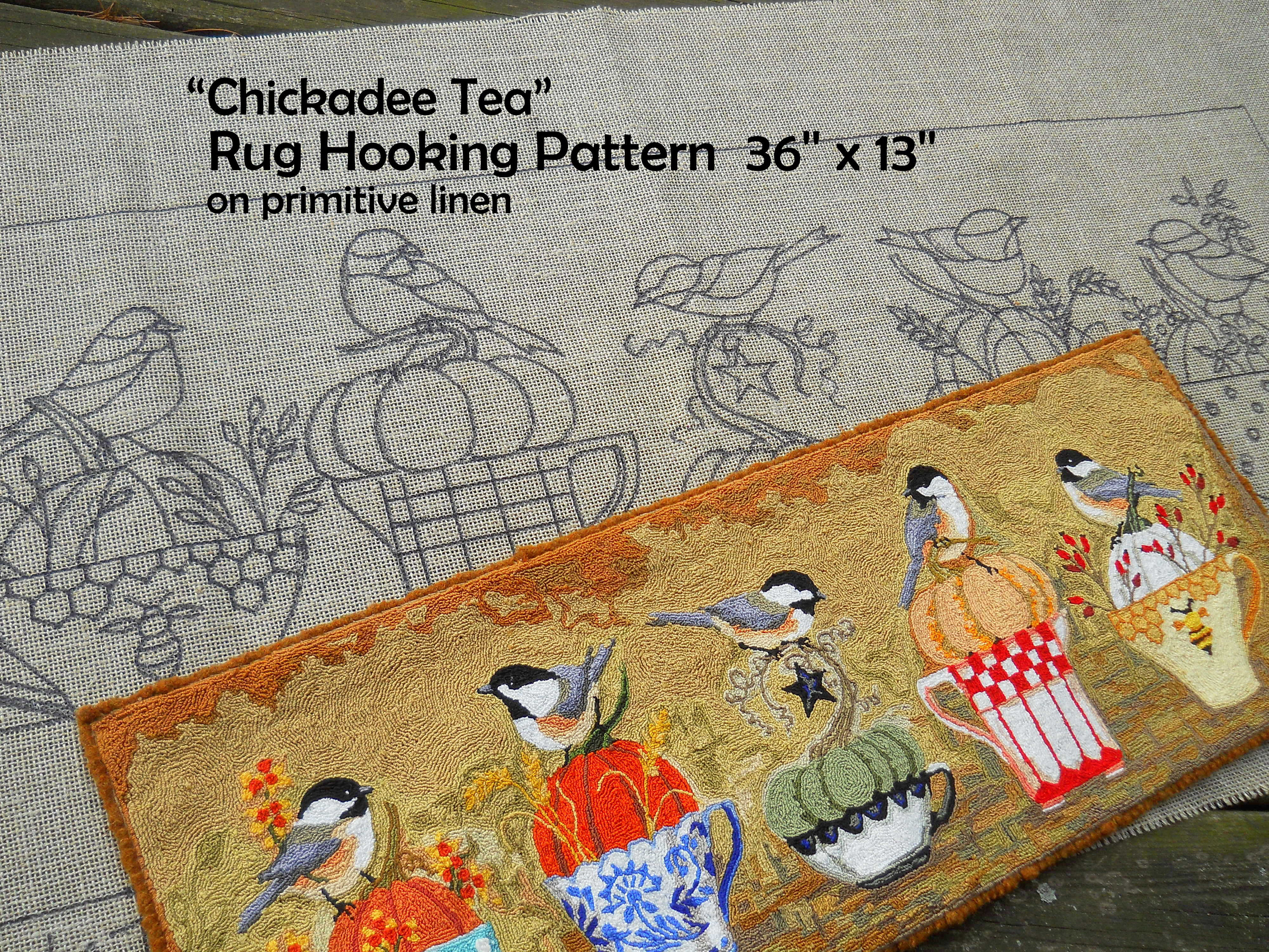 Chickadee Harvest Tea RUG HOOK Hooking PATTERN Hand drawn on 100% prim linen Michelle Palmer Fall Autumn Pumpkin Teacups Songbird Perch