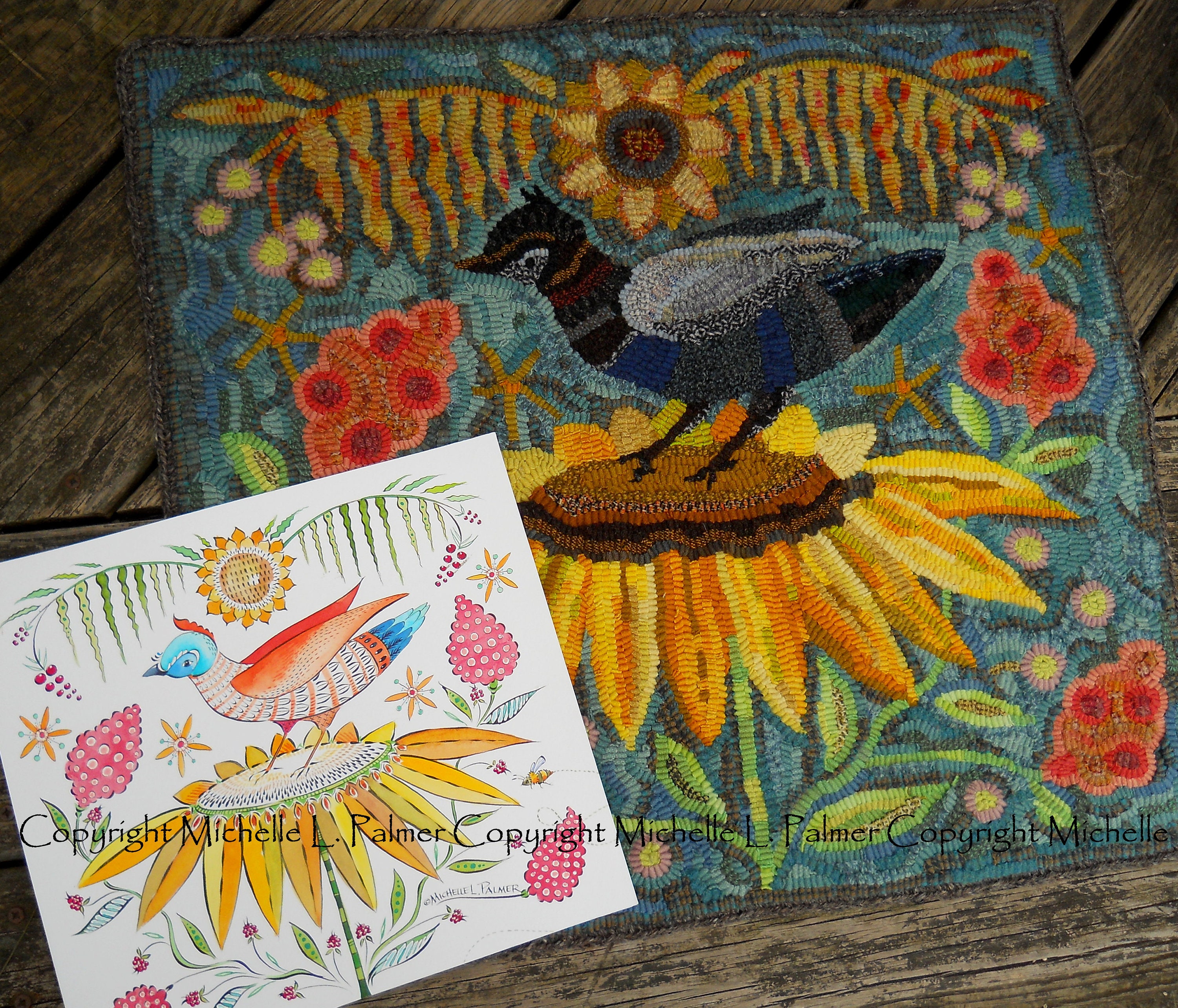 RUG HOOK Hooking PATTERN Folk Fraktur Sunflower Sumac Tree Black Bird ...